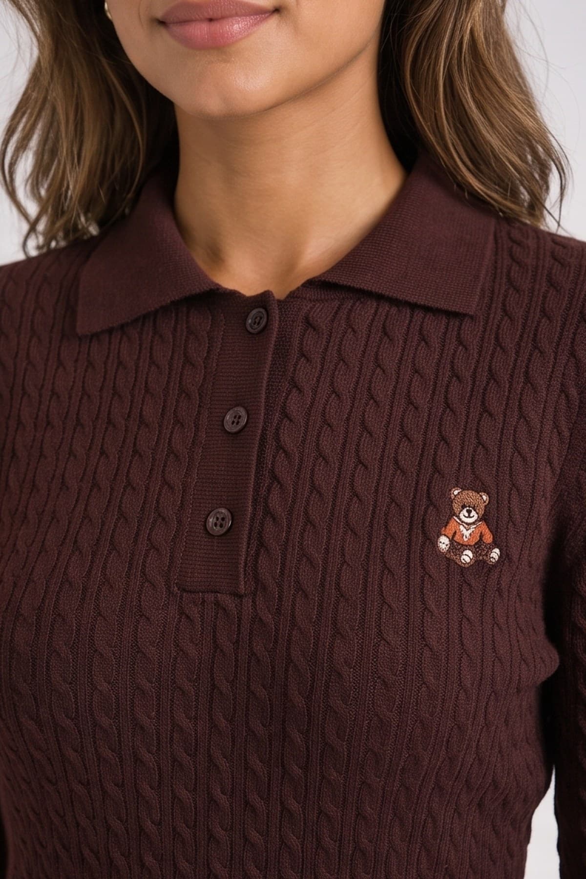 Polo Yaka Nakışlı Kazak Bordo — görsel 2