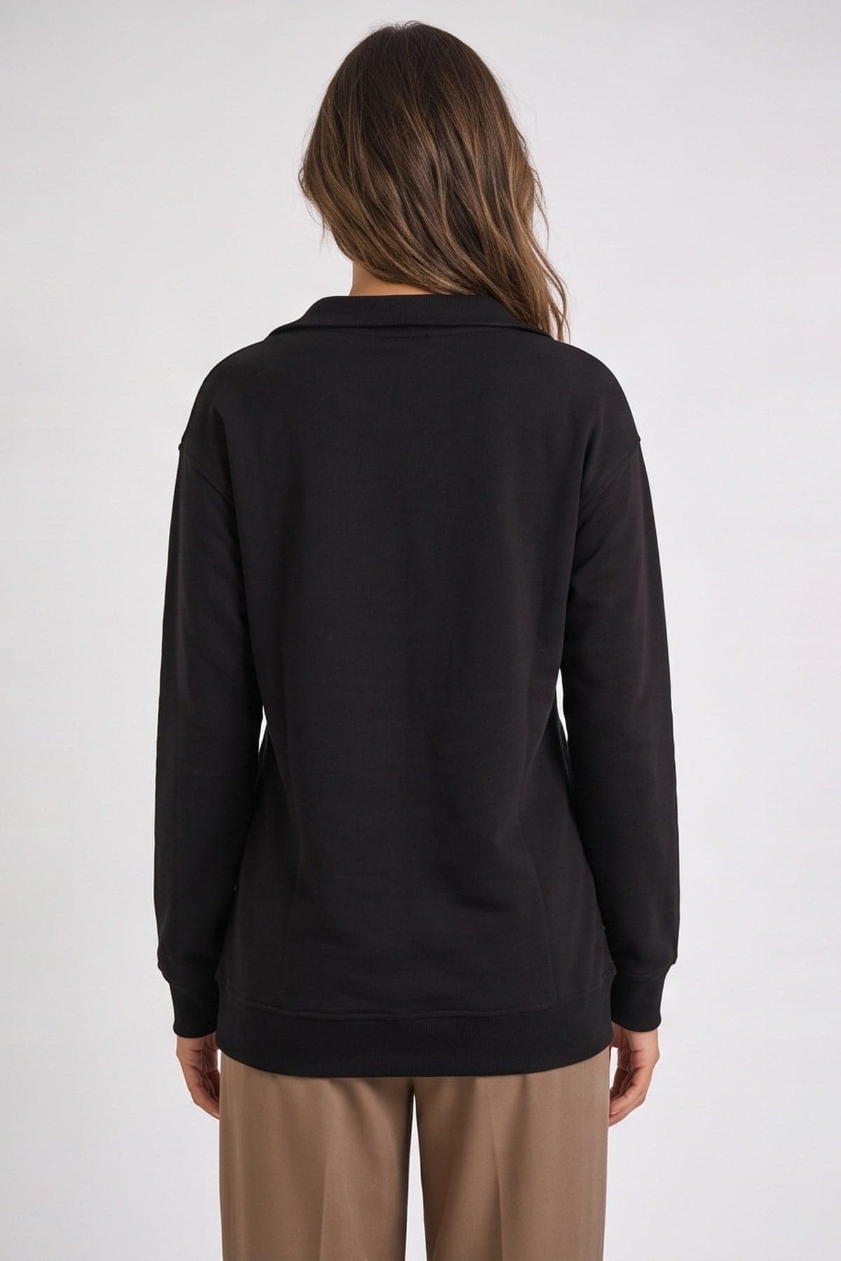 Yakası Fermuarlı Uzun Sweatshirt Siyah — görsel 3