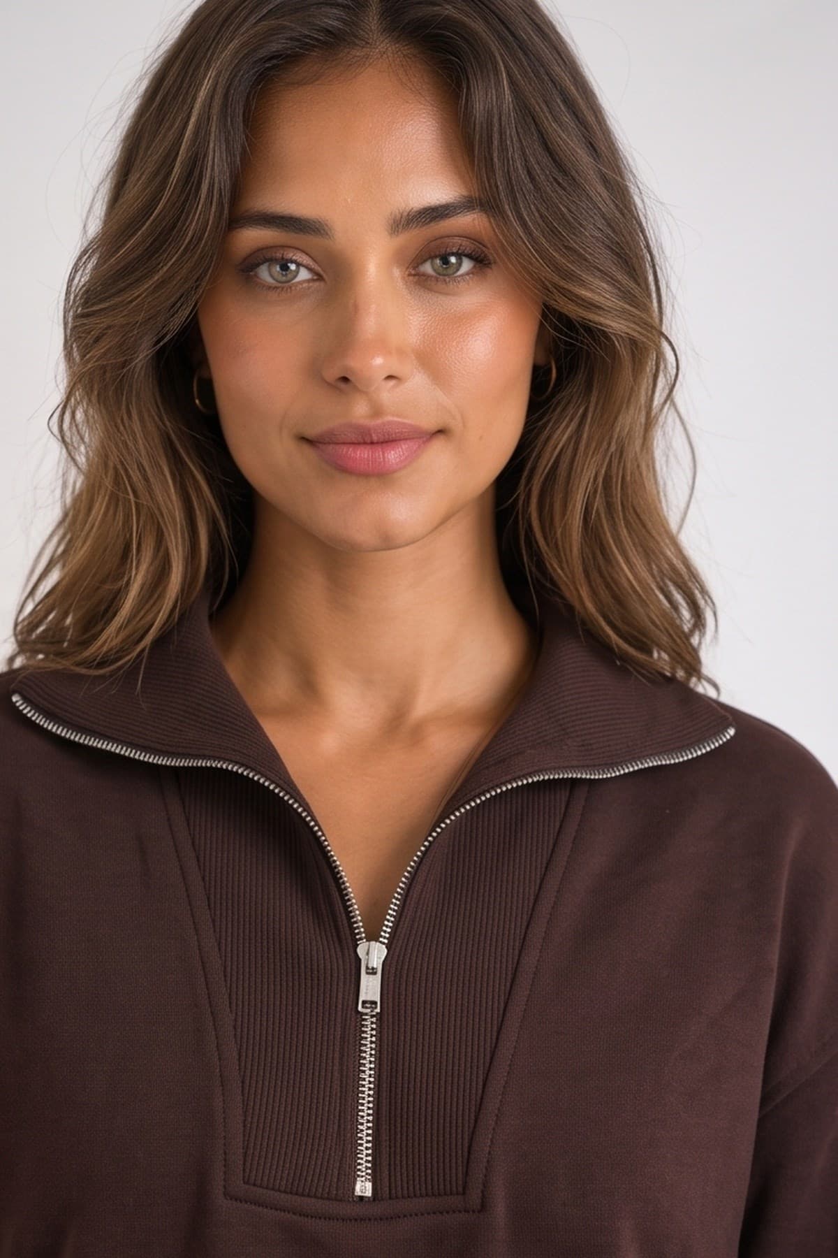 Yakası Fermuarlı Uzun Sweatshirt Kahve — görsel 2