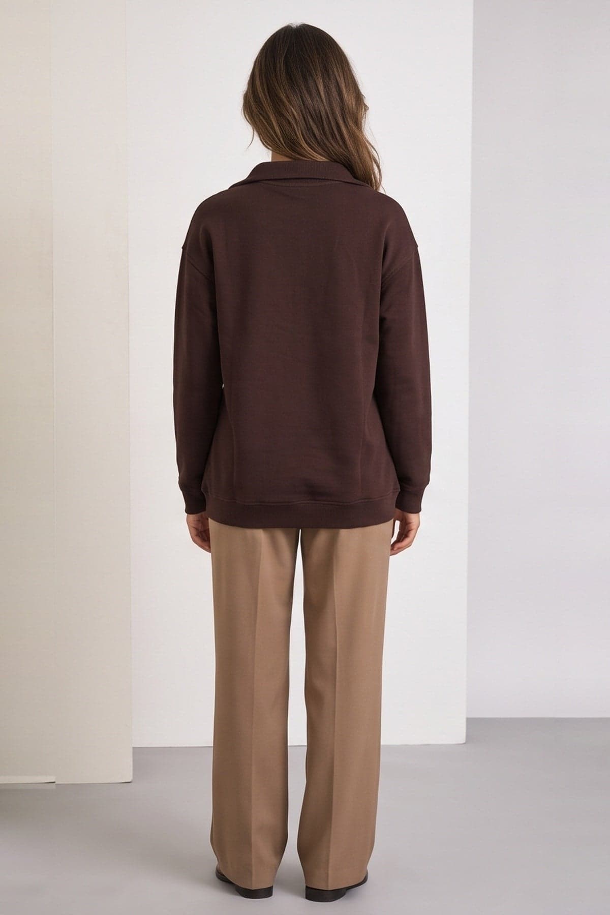 Yakası Fermuarlı Uzun Sweatshirt Kahve — görsel 3