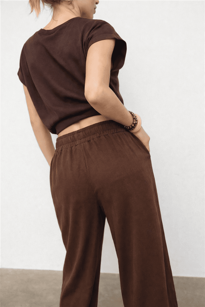 Geniş Paça Keten Pantolon Kahve — görsel 4