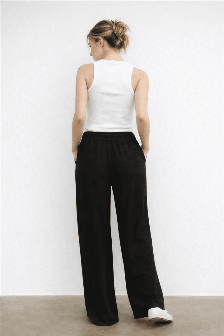 Geniş Paça Keten Pantolon Siyah — görsel 4