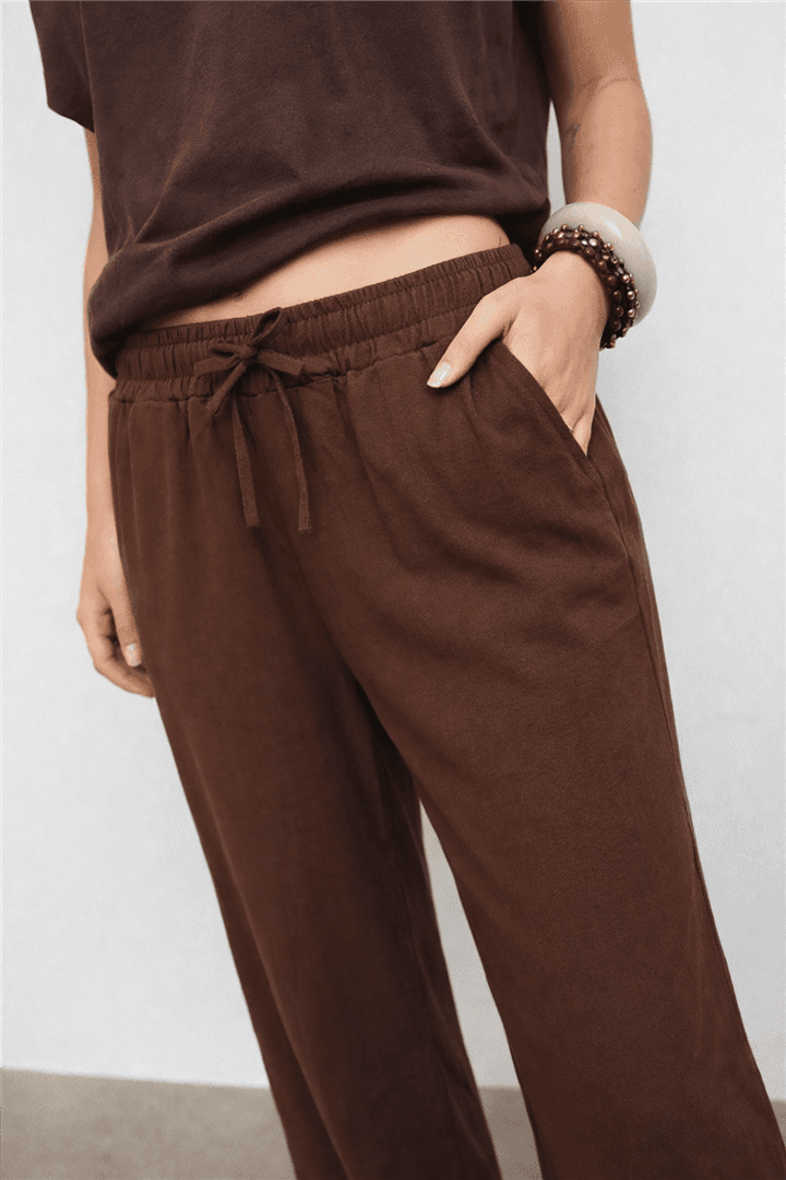 Geniş Paça Keten Pantolon Kahve — görsel 2