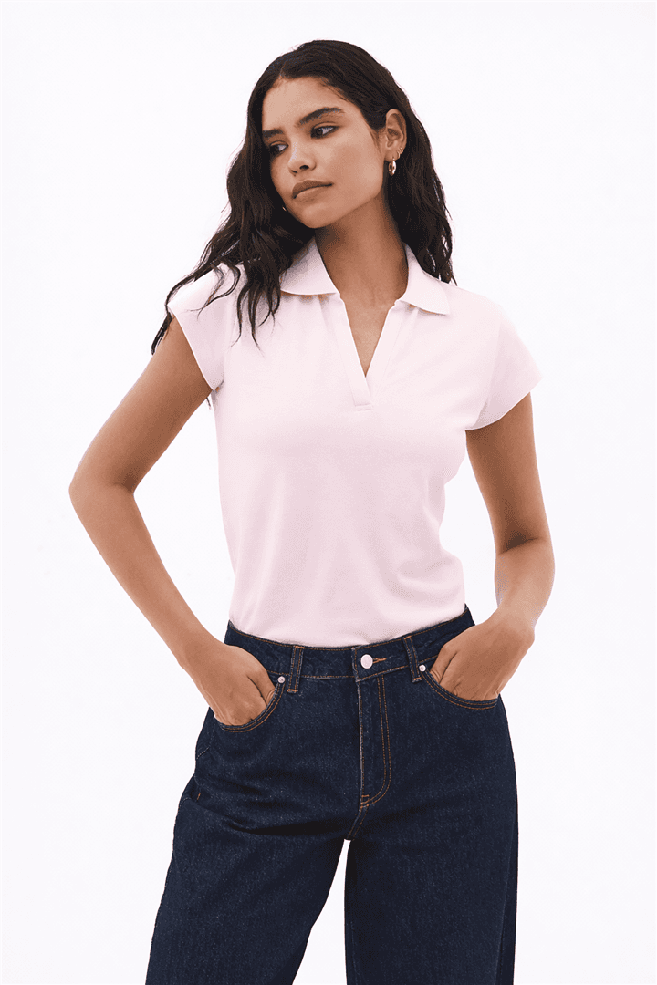 Polo V Yaka T-Shirt Pembe