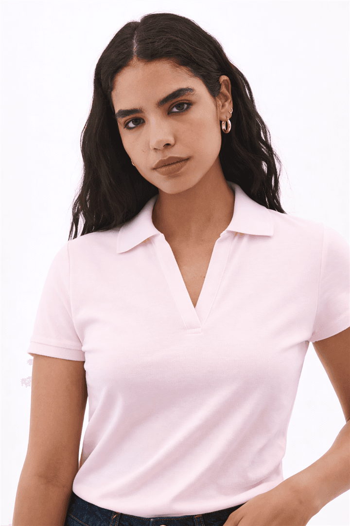 Polo V Yaka T-Shirt Pembe — görsel 3