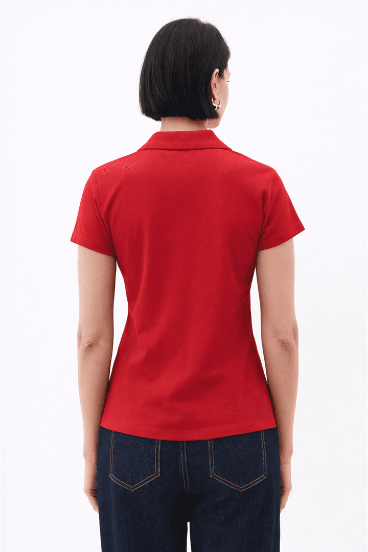 Polo V Yaka T-Shirt Kırmızı — görsel 3