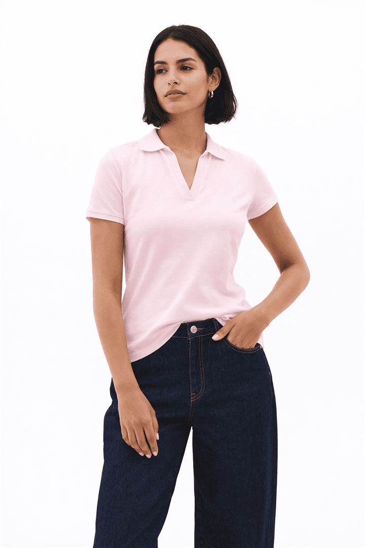 Polo V Yaka T-Shirt Pembe — görsel 2