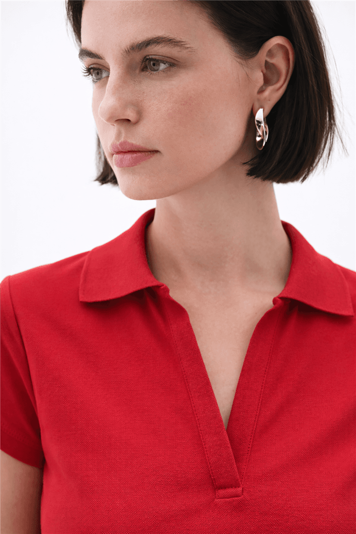Polo V Yaka T-Shirt Kırmızı — görsel 5