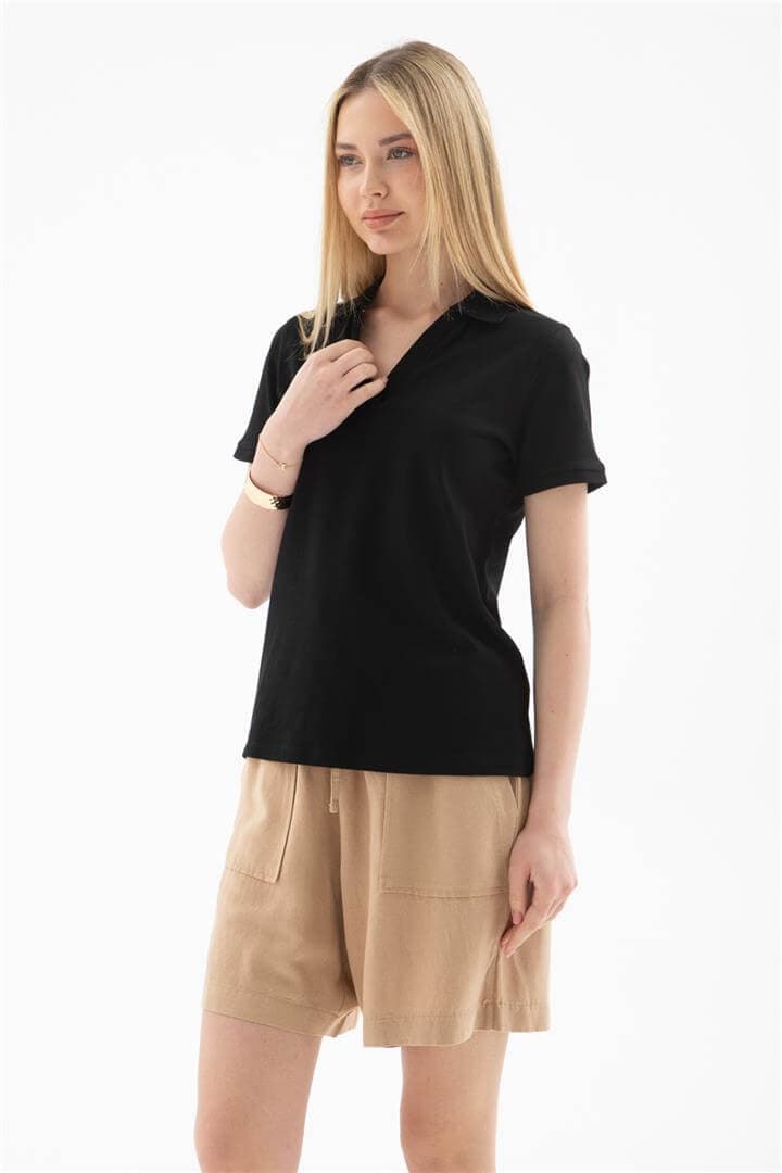 Polo V Yaka T-Shirt Siyah